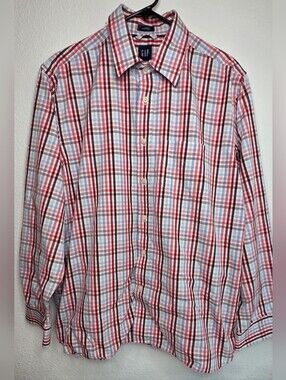 GAP Men's Red, White & Blue Plaid Button-Down Shirt